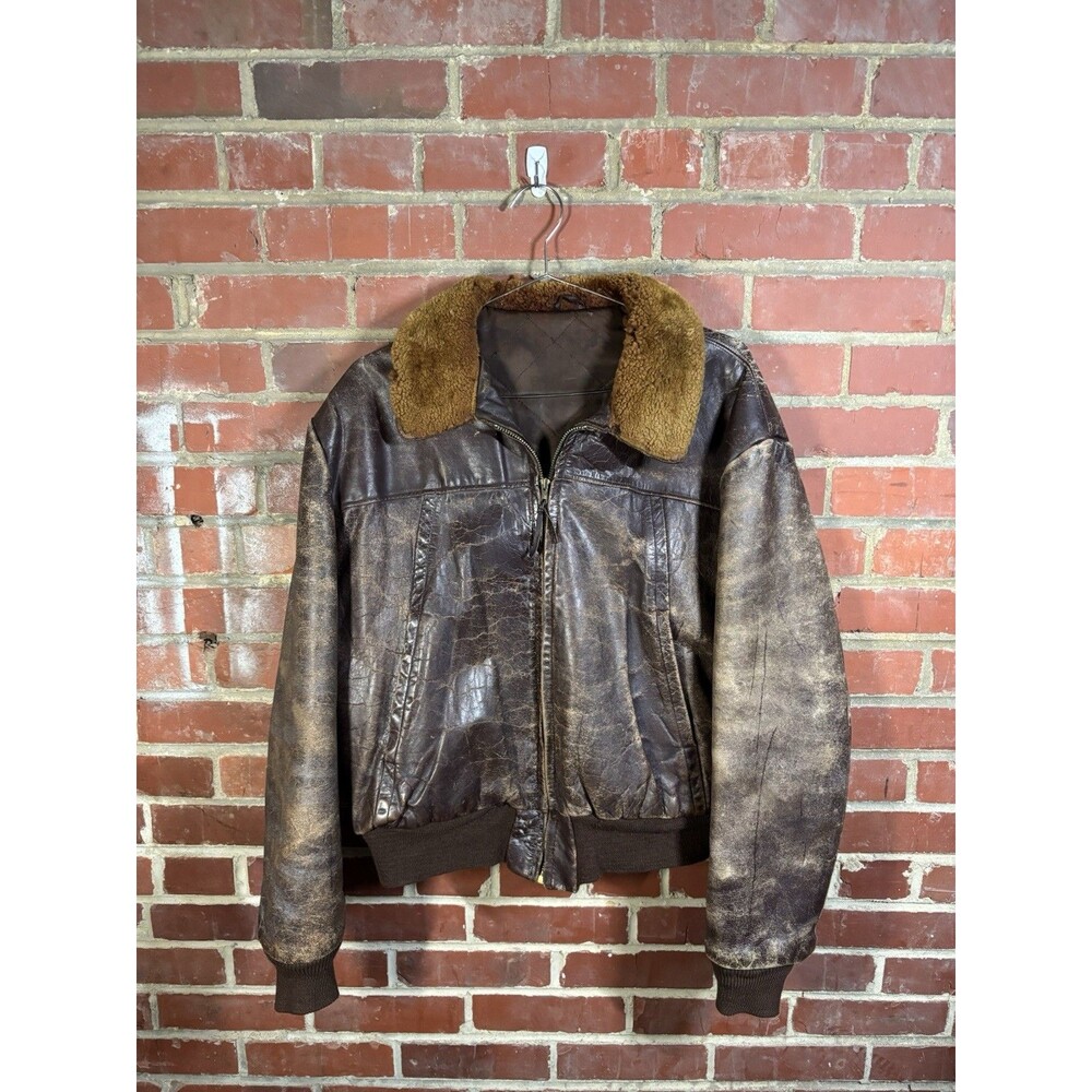 Vintage 50s Leather Jacket Zip Bomber Fur Collar Needs Repair No Tag 24” X 24.5”